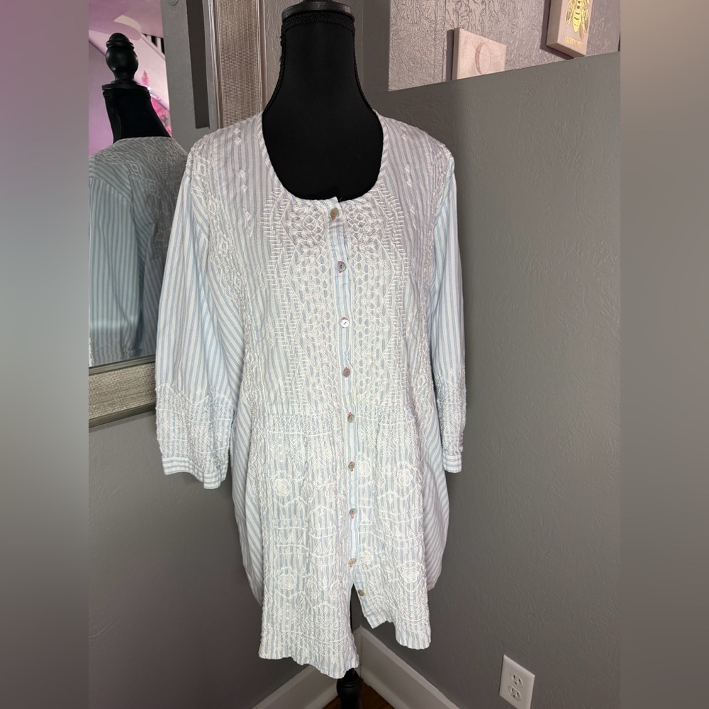 Johnny Was 3J Workshop Striped Linen Blend Embroidered Top Size Large